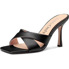 NobleOnly Womens High Stiletto Heels Open Square Toe Heeled Sandals Cross-Strap Slip-on Mules Shoes Summer Dress Sandals 3.5 Inches Heels