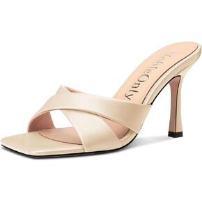 NobleOnly Womens High Stiletto Heels Open Square Toe Heeled Sandals Cross-Strap Slip-on Mules Shoes Summer Dress Sandals 3.5 Inches Heels