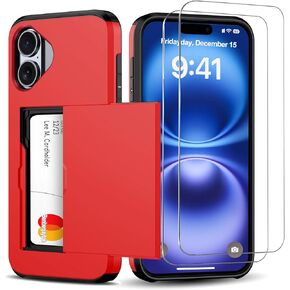 for iPhone 16 Pro Wallet Case with Card Holder + 2 Tempered Glass Screen Protector Protective Shockproof Hidden Card Slot Slim Case Women Men iPhone 16 Pro 6.3″ 2024 (Blue)