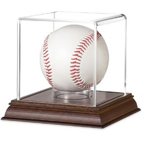 Baseball Display Case Acrylic Clear Cube Baseball Holder with Wooden Stand Memorabilia Showcase Autograph Ball Display Box UV Protected Wood Base case Display for Balls