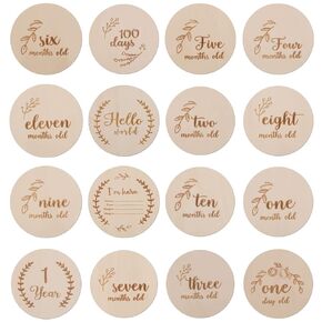 16pcs Baby Monthly Milestone Cards Sign, Round Single Sided Wooden Newborn Welcome Sign Baby Announcement Sign for Photo Prop Baby Birth Announcement Signs
