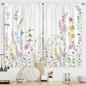 Riyidecor Watercolor Floral Curtains Wildflower Rod Pocket Colorful Flowers Leaves Plants Botanical Women Girls Blossom Spring Nature Rustic Bedroom Living Room Treatment Fabric 2 Panels 42 x 63 Inch