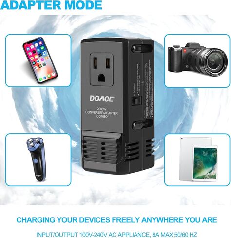 DOACE C8 2000W محول جهد السفر 220 فولت إلى 110 فولت لمجفف الشعر ومكواة البخار، محول طاقة عالمي 8A مع الكل في واحد في المملكة المتحدة/الاتحاد الأفريقي/الولايات المتحدة/الاتحاد الأوروبي شاحن جداري عالمي للكمبيوتر المحمول والكمبيوتر اللوحي والهاتف الخلوي in Kuwait