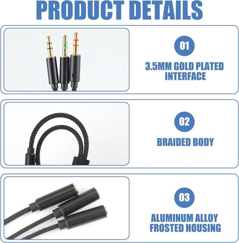 محول مقسم سماعة الرأس، كابل تمديد سماعة الرأس 3.5 مم ميكروفون صوت 3 في 1 حزمة أنثى إلى ذكر وذكر إلى أنثى كابل مقبس ستيريو Y متوافق مع PS4، وXbox، والهاتف، والكمبيوتر المحمول، وسماعات الألعاب in Kuwait