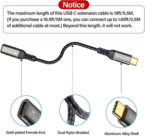 كابل تمديد USB c بطول 16.5 قدم/5 متر، كابل تمديد USB طويل، سلك بيانات مضفر موسع من الذكور إلى الإناث، كابل تمديد USB من النوع c 100 واط PD شحن سريع 20 جيجابت في الثانية، سلك تمديد هاتف أنثى؛ in Kuwait