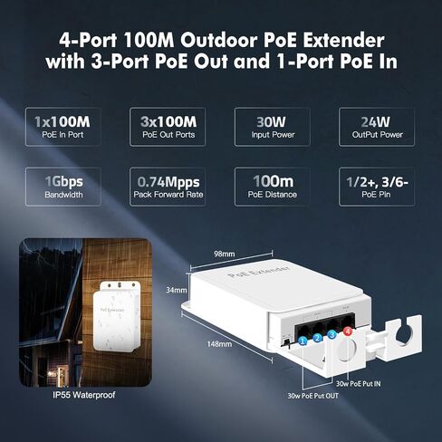 Outdoor Gigabit PoE Passthrough Switch, 1 PoE in 4 PoE Out Extender, IEEE802.3af/at/bt PoE Powered 90W, 10/100/1000Mbps Ethernet, Wall Mount Waterproof Plug and Play in Saudi Arabia