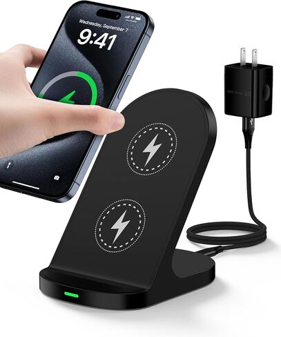 Wireless Charger Stand, Android Cordless QI Charging Pad for Galaxy S24 Ultra 23, Google Pixel 8 Pro 8a 7, Apple iPhone 15 14, 15W Wireless Phone Charging Station Fast Power Adapter Included in Saudi Arabia
