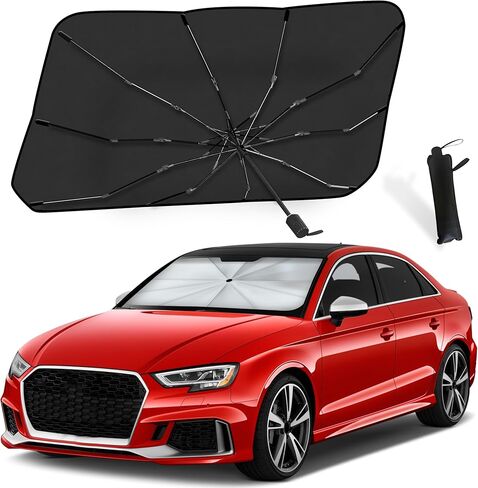 EcoNour Carbon Fiber Umbrella Sunshade for Car | [2024 Upgraded] Block UV Rays Protects Dashboard from Sun | Automotive Windshield Sun Visor | Car Umbrella Foldable Sun Shade | XL (57 x 31 Inches) in Kuwait