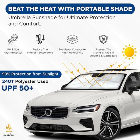 EcoNour Carbon Fiber Umbrella Sunshade for Car | [2024 Upgraded] Block UV Rays Protects Dashboard from Sun | Automotive Windshield Sun Visor | Car Umbrella Foldable Sun Shade | XL (57 x 31 Inches) in Kuwait
