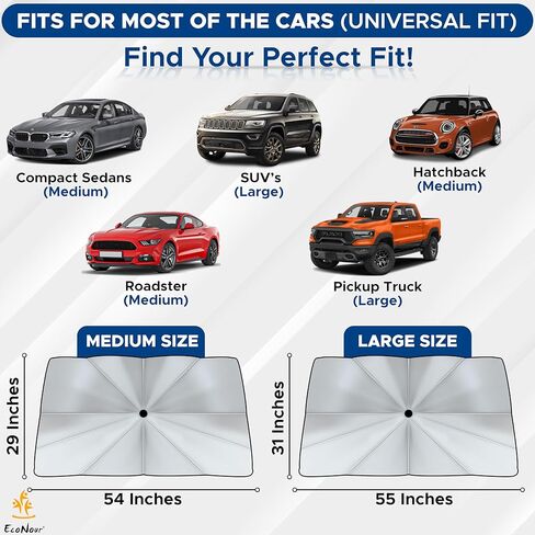 EcoNour Carbon Fiber Umbrella Sunshade for Car | [2024 Upgraded] Block UV Rays Protects Dashboard from Sun | Automotive Windshield Sun Visor | Car Umbrella Foldable Sun Shade | XL (57 x 31 Inches) in Kuwait