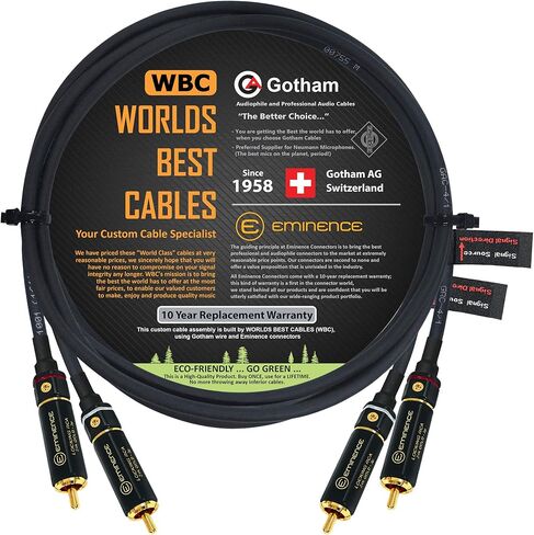 زوج كابلات RCA بطول 2.5 قدم من WORLDS - Gotham GAC-4/1 (أسود) Star-Quad، كابل توصيل صوتي مع موصلات RCA بقفل مطلية بالذهب - اتجاهي - مصنوع حسب الطلب in Saudi Arabia