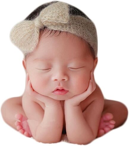 Zeroest Baby Photography Props Bow Headband Newborn Boy Girl صورة التقطت ملابس الرضع الكروشيه محبوك الموهير غطاء الرأس (بيج) in Kuwait