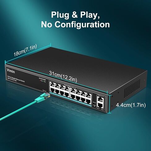 16-Port Gigabit Ethernet Switch with 2 Uplink 1000Mbps Ports, VIMIN 18-Port Unmanaged Network Switch Support IEEE802.3af/at, VLAN, Desktop & 19 inch Rack-Mount, 250W Power Budget, Plug and Play in Saudi Arabia