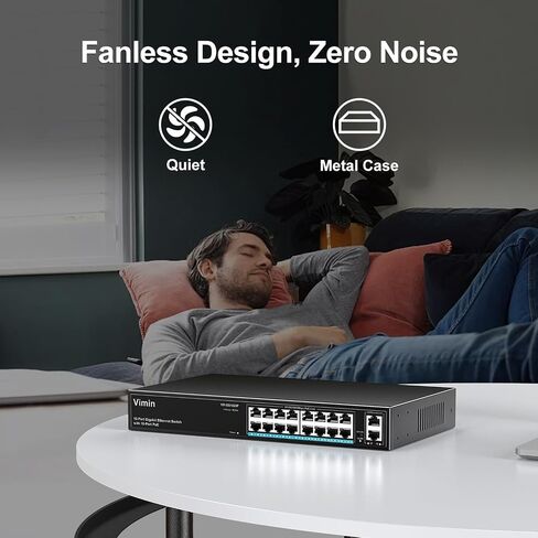 16-Port Gigabit Ethernet Switch with 2 Uplink 1000Mbps Ports, VIMIN 18-Port Unmanaged Network Switch Support IEEE802.3af/at, VLAN, Desktop & 19 inch Rack-Mount, 250W Power Budget, Plug and Play in Saudi Arabia