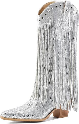 Women's Rhinestone Fringe Cowgirl Boots, Sparkly Western Cowboy Boots Pointed Toe Knee Block Chunky Middle Heel Pull On Mid Calf Knee High Boots for Women Girl Party in Saudi Arabia