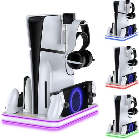 قاعدة شحن متوافقة مع بوابة PS وPS5، وحامل PS5 ومحطة تبريد مع قاعدة شحن RGB LED، ووحدة تحكم PS5 Edge وسماعات الرأس وحوامل جهاز التحكم عن بعد - أبيض in Saudi Arabia