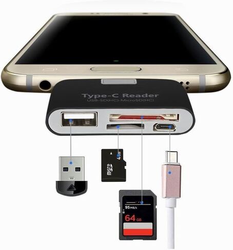 Type-C Card Reader, Multifunctional Smart 4 in 1 Laptop PC Durable Phone TF Micro SD with Micro USB Charge Port USB 3.1 Universal Type C Adapter OTG(Black) in Saudi Arabia