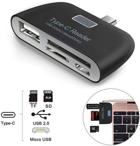 Type-C Card Reader, Multifunctional Smart 4 in 1 Laptop PC Durable Phone TF Micro SD with Micro USB Charge Port USB 3.1 Universal Type C Adapter OTG(Black) in Saudi Arabia