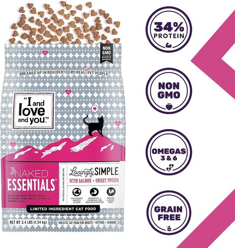 I AND LOVE AND YOU" Naked Essentials Dry Cat Food, Hairball Care Salmon and Whitefish Recipe, Grain Free, Real Meat, No Fillers, 3.4 lb Bag in Saudi Arabia