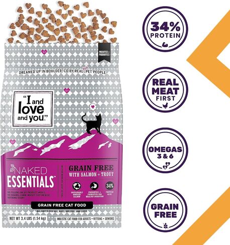 I AND LOVE AND YOU" Naked Essentials Dry Cat Food, Hairball Care Salmon and Whitefish Recipe, Grain Free, Real Meat, No Fillers, 3.4 lb Bag in Saudi Arabia