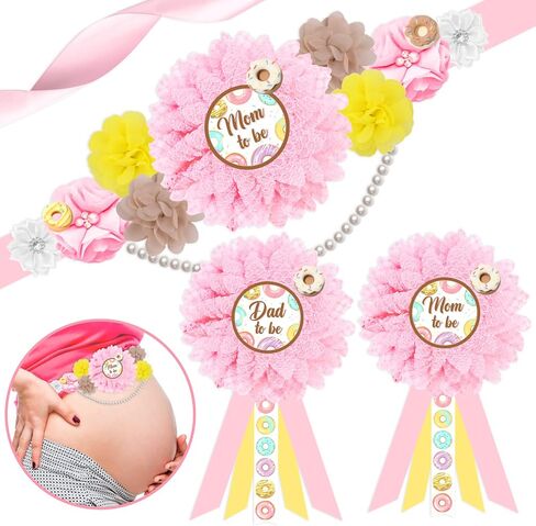 JOYMEMO Pastel Donut Baby Shower Maternity Sash Kit - Flower Baby Shower Belly Belt and Mom To Be & Dad To Be Corsage Pins, Sprinkled with Love Decor, Pregnancy Sash Parents Baby Girl Party Supplies in Saudi Arabia