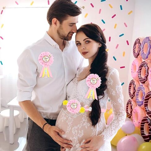JOYMEMO Pastel Donut Baby Shower Maternity Sash Kit - Flower Baby Shower Belly Belt and Mom To Be & Dad To Be Corsage Pins, Sprinkled with Love Decor, Pregnancy Sash Parents Baby Girl Party Supplies in Saudi Arabia