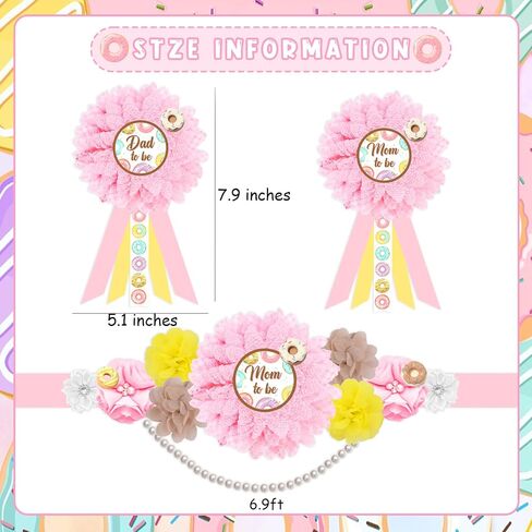 JOYMEMO Pastel Donut Baby Shower Maternity Sash Kit - Flower Baby Shower Belly Belt and Mom To Be & Dad To Be Corsage Pins, Sprinkled with Love Decor, Pregnancy Sash Parents Baby Girl Party Supplies in Saudi Arabia