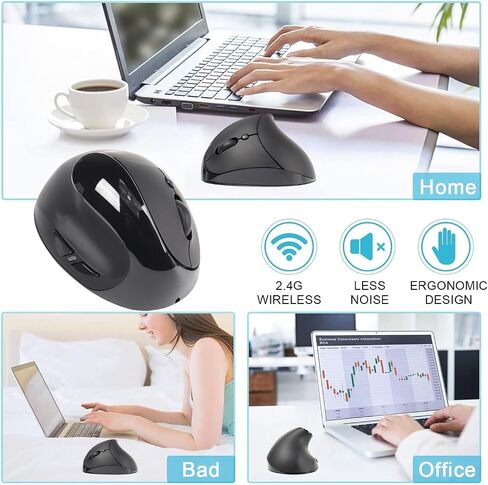 Vertical Mouse Wireless Left Handed Mouse Ergonomic 2.4GHz Optical Computer Mice with USB Receiver and 3 Adjustable DPI Portable Rechargeable Cordless Mouse for Laptop Desktop Notebook PC, Black in Saudi Arabia