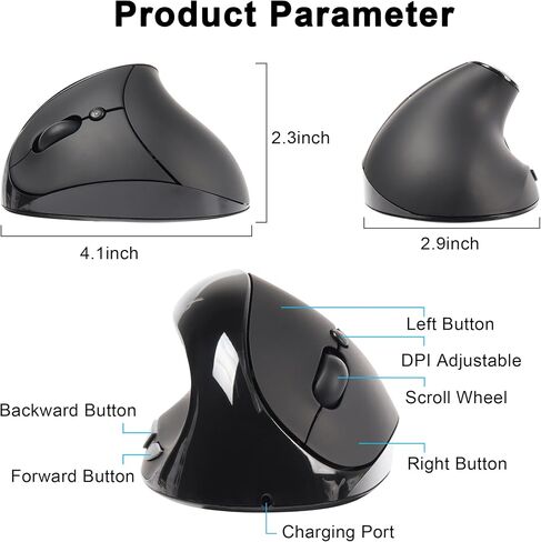 Vertical Mouse Wireless Left Handed Mouse Ergonomic 2.4GHz Optical Computer Mice with USB Receiver and 3 Adjustable DPI Portable Rechargeable Cordless Mouse for Laptop Desktop Notebook PC, Black in Saudi Arabia