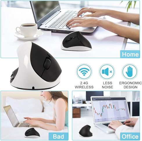 ماوس عمودي لاسلكي لليد اليسرى، فأرة كمبيوتر بصرية مريحة 2.4 جيجا هرتز مع جهاز استقبال USB و3 نقاط لكل بوصة قابلة للتعديل، ماوس لاسلكي محمول قابل لإعادة الشحن لأجهزة الكمبيوتر المحمول والكمبيوتر المحمول، أسود in Kuwait
