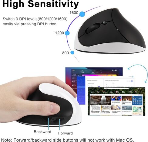 ماوس عمودي لاسلكي لليد اليسرى، فأرة كمبيوتر بصرية مريحة 2.4 جيجا هرتز مع جهاز استقبال USB و3 نقاط لكل بوصة قابلة للتعديل، ماوس لاسلكي محمول قابل لإعادة الشحن لأجهزة الكمبيوتر المحمول والكمبيوتر المحمول، أسود in Kuwait