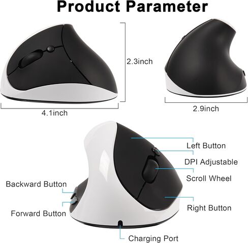 ماوس عمودي لاسلكي لليد اليسرى، فأرة كمبيوتر بصرية مريحة 2.4 جيجا هرتز مع جهاز استقبال USB و3 نقاط لكل بوصة قابلة للتعديل، ماوس لاسلكي محمول قابل لإعادة الشحن لأجهزة الكمبيوتر المحمول والكمبيوتر المحمول، أسود in Kuwait
