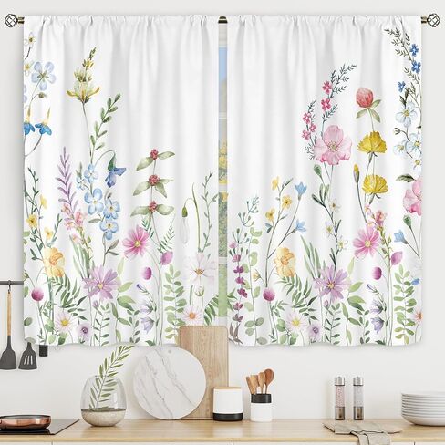 Riyidecor Watercolor Floral Curtains Wildflower Rod Pocket Colorful Flowers Leaves Plants Botanical Women Girls Blossom Spring Nature Rustic Bedroom Living Room Treatment Fabric 2 Panels 42 x 63 Inch in Saudi Arabia