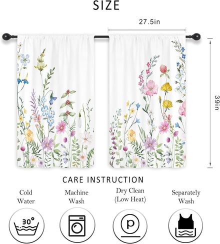 Riyidecor Watercolor Floral Curtains Wildflower Rod Pocket Colorful Flowers Leaves Plants Botanical Women Girls Blossom Spring Nature Rustic Bedroom Living Room Treatment Fabric 2 Panels 42 x 63 Inch in Saudi Arabia