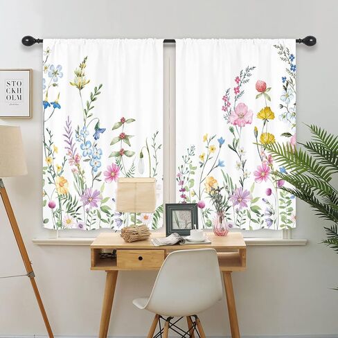 Riyidecor Watercolor Floral Curtains Wildflower Rod Pocket Colorful Flowers Leaves Plants Botanical Women Girls Blossom Spring Nature Rustic Bedroom Living Room Treatment Fabric 2 Panels 42 x 63 Inch in Saudi Arabia