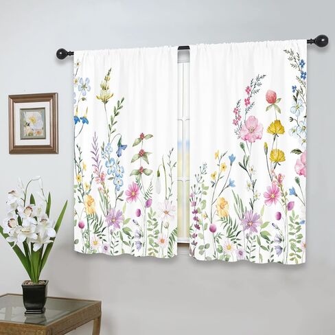 Riyidecor Watercolor Floral Curtains Wildflower Rod Pocket Colorful Flowers Leaves Plants Botanical Women Girls Blossom Spring Nature Rustic Bedroom Living Room Treatment Fabric 2 Panels 42 x 63 Inch in Saudi Arabia