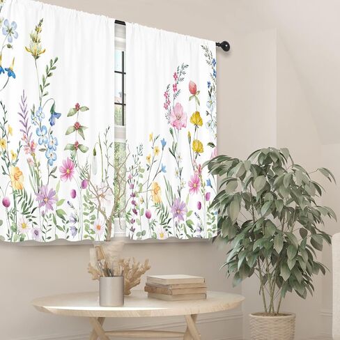 Riyidecor Watercolor Floral Curtains Wildflower Rod Pocket Colorful Flowers Leaves Plants Botanical Women Girls Blossom Spring Nature Rustic Bedroom Living Room Treatment Fabric 2 Panels 42 x 63 Inch in Saudi Arabia