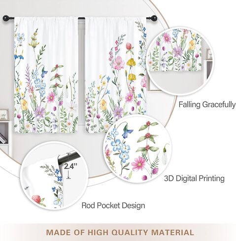 Riyidecor Watercolor Floral Curtains Wildflower Rod Pocket Colorful Flowers Leaves Plants Botanical Women Girls Blossom Spring Nature Rustic Bedroom Living Room Treatment Fabric 2 Panels 42 x 63 Inch in Saudi Arabia