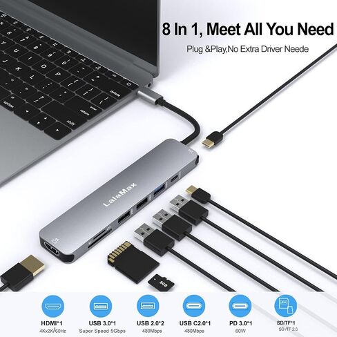 محور USB C (8 في 1)، USB C إلى HDMI4K60 SD/TF USB A PD، متوافق مع منفذ USB C، USB C و3 منافذ بيانات USB A، قارئ بطاقة SD/TF لأجهزة MacBook Pro بوصة، MacBook Air و أكثر in Kuwait