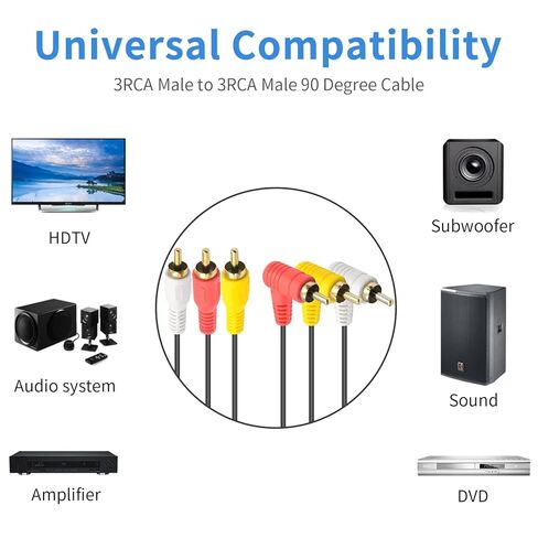 كابل Duttek Audio Video RCA، كابل AV مركب 3RCA، لوحة ذهبية 90 درجة 3RCA ذكر إلى 3RCA كابل ذكر متوافق مع جهاز فك التشفير ومكبر الصوت ومكبر الصوت ومشغل DVD (5FT/1.5M) in Saudi Arabia