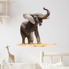 Lifelike Standing Elephant Wall Decal Nursery Tropical Animal Wall Sticker Removable Peel and Stick Wall Art Decor for Kid Baby Classroom Preschool Living Room Playroom Bedroom School