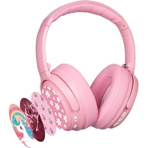 BuddyPhones Cosmos Fun, Foldable ANC Bluetooth Headphones with Microphone, SafeAudio Volume-Limiting Options 75/85/94dB, Works Wired or Wireless, for Toddlers to Young Adults by Onanoff (Pink)