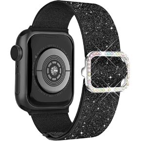 Wipalor سباركلي بسط النايلون الفرقة تناسب بلينغ أبل ووتش العصابات للنساء 46mm 44mm 45mm 42mm 49mm، الرياضة المرنة iWatch العصابات لطيف بريق iPhone Watch Band Series 10 9 8 7 6 5 SE 4 3 فائقة الأسود