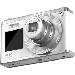 Digital Camera, 4K IPS 2.88in Kids Digital Camera, 10X Optical Zoom 750mAh Auto Focus, Retractable Lens Anti Shake Retro Video Vlog Camera for Teenagers Students (Silver)