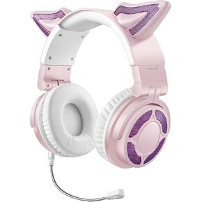 Cute Fox Ear Wireless Headphones, Bluetooth 5.3 Headphones, Over Ear Wired Headphones with Mic, Foldable HiFi Bluetooth Headset with LED Lights, Gift for Adults Teens (Black)