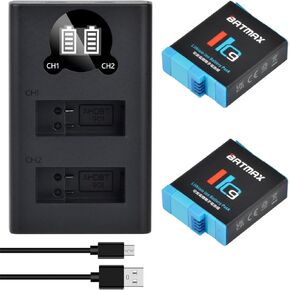 بطارية باتماكس قطعتين + شاحن USB مزدوج LED سريع متوافق مع كاميرات Gopro Hero 12 Hero 11 Hero 10 Black and Hero 9 in Kuwait