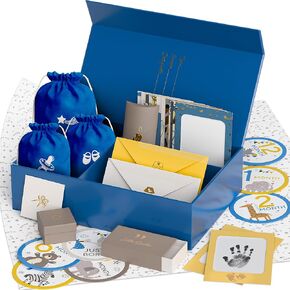 Ultimate Baby Keepsake Box for Boys & Girls - w/Hand and Footprint Kit, Milestone Stickers, Tooth Box & More - Beautiful Memory Box for New Parents - Great Gift for Mom and Dad, Mom to Be, Blue