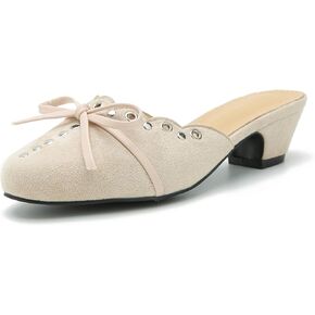 Women's Bow Heels Mules Pointed Toe Low Block Chunky Heeled Backless Slip on Slippers Sandals Comfortable Dress Work Shoes