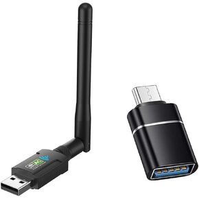 AC600 USB WiFi Adapter for PC Wireless USB Network Adapters Dual Band 2.4GHz， 5GHz，Supports Win11/10/8/7/XP, Bring USB C Adapter. Black
