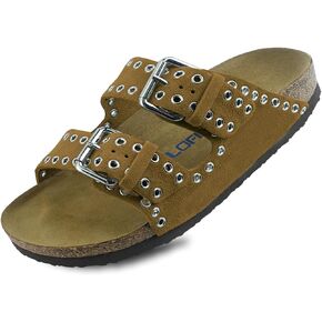 Women's Suede Sandals With Orthopedic Cork Footbed Adjustable Buckle Slides Men's Studded Open Toe Slip On Sandals